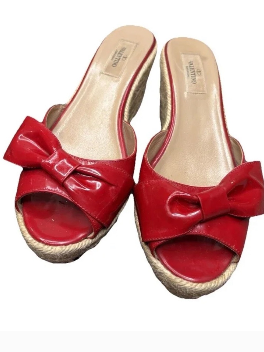 Valentino Garavani Red Patent Leather Bow Wedge Slides